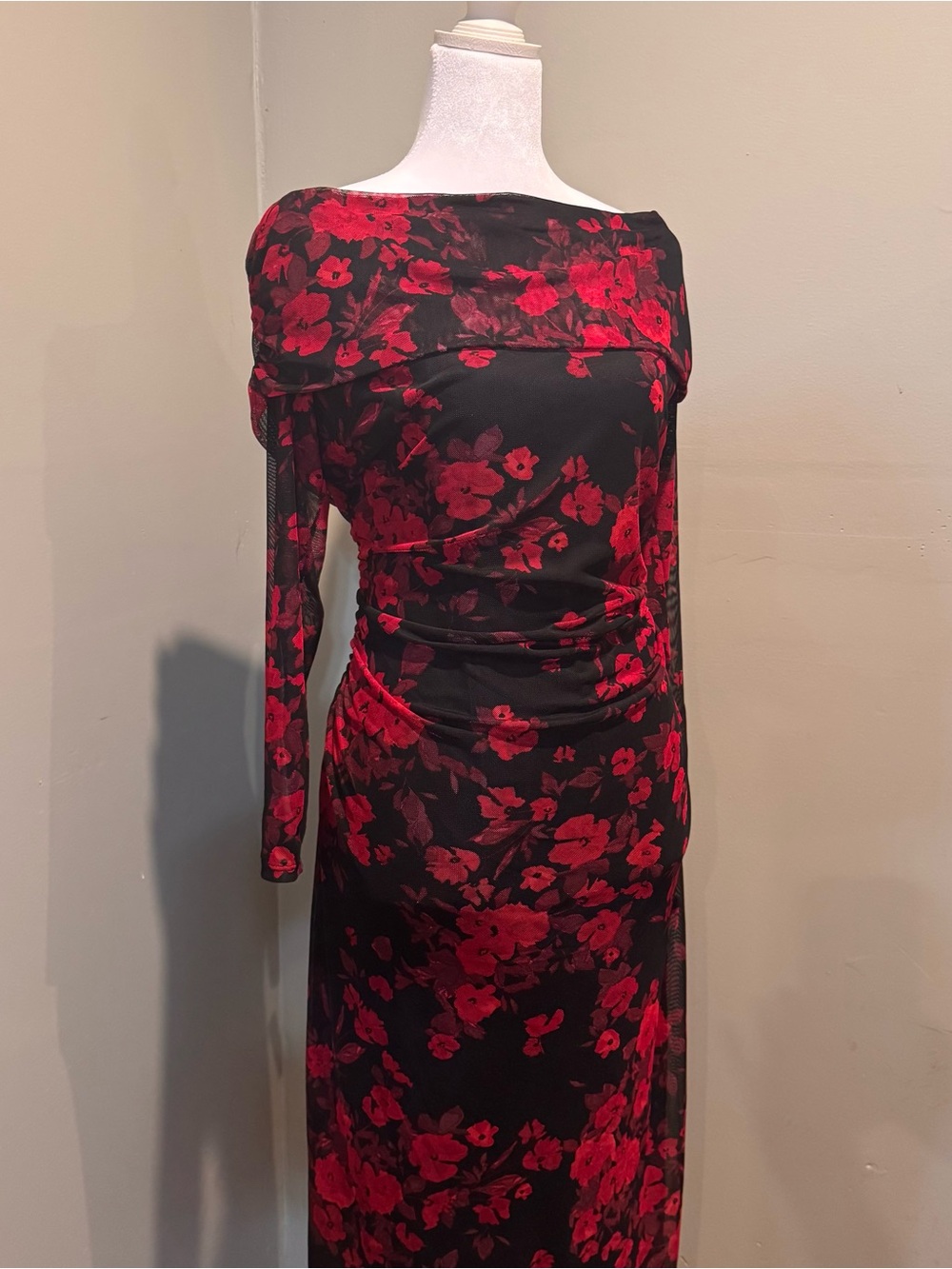 Black Long Sleeve Dress with Red Floral Print
